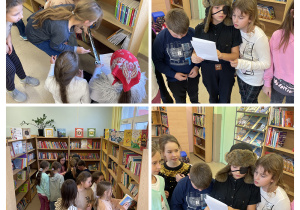 Kolaż zdjęć uczniów podczas spotkania bibliotecznego.
