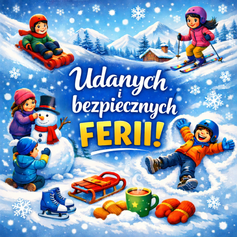 Grafika przedstawiająca dzieci bawiące się w śniegu z napisem ,,Udanych i bezpiecznych ferii"
