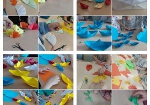 Prace wykonane techniką origami pod opieką Pani A. Ruty- łódki, jeże i żabki.