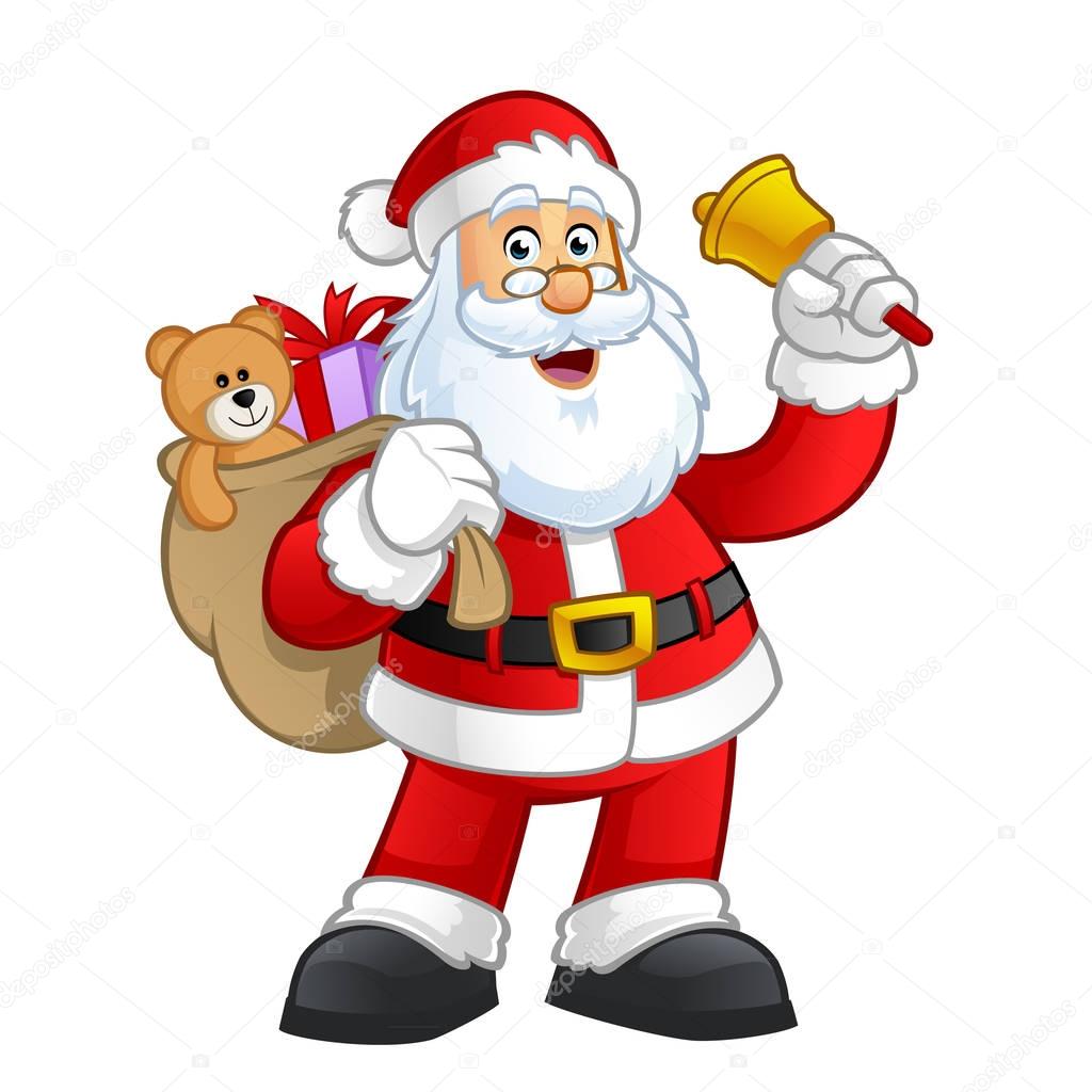 Rysunek Świętego Mikołaja z workiem prezentów i dzwoneczkiem w dłoni.