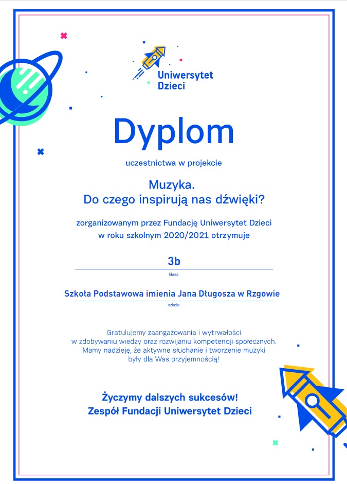 Zdjęcie przedstawia dyplom otrzymany za uczestnictwo w projekcie edukacyjnym.