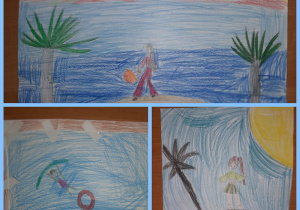 Rysunki wykonane kredkami. Ludzie, wyspy, palmy, zachód słońca, człowiek w basenie. Prace wykonane w gr. I pod opieką Pani Pauli Filipczak.