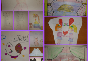 Rysunki uczniów: dziewczynki, kotki, serca, napis „LOVE”, okno z zachodem słońca, okno z różowym światem. Prace wykonane w gr. I pod opieką Pani Pauli Filipczak.