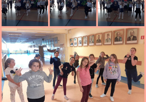 Kolaż zdjęć wykonanych podczas występu z okazji Dnia Edukacji Narodowej oraz na korytarzu szkolnym. Grupa taneczna pozuje oraz wykonuje układ taneczny.
