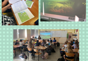 Uczniowie klasy IId oglądają film przedstawiający fragmenty opisów nadniemeńskiej przyrody i zapisują cytaty na tablicy.