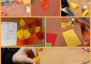 Kolorowe liście jesienne wykonane z papieru. Prace wykonane w grupie III pod opieką Pani A. Ruty.