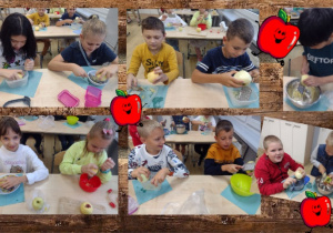 Zdjęcie przedstawia kolaż zdjęć uczniów klasy IIIc. Dzieci trą jabłka na tarce.