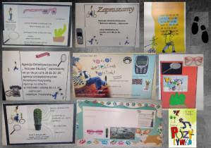 Kolaż zdjęć przedstawiający prace wykonane podczas zajęć komputerowych. Uczniowie w programie Paint stworzyli ulotki reklamujące biuro detektywistyczne ,,Różowe Okulary”.