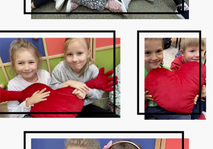 Kolaż zdjęć uczniów klasy 1B podczas akcji czytelniczej "Czytamy z sercem".