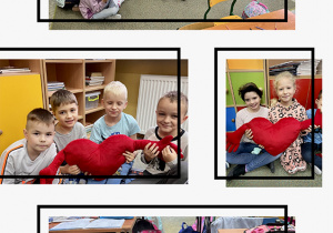 Kolaż zdjęć uczniów klasy 1C podczas akcji czytelniczej "Czytamy z sercem".