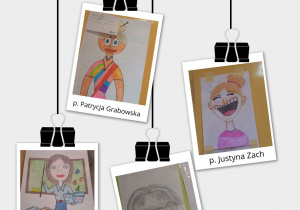 Kolaż zdjęć z karykaturami nauczycieli wykonanymi przez uczniów.
