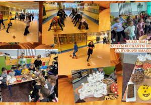 Kolaż zdjęć przedstawiający zabawy sportowe z dynią (dzieci przekazują warzywo między nogami, rzucają podczas biegu parami). Uczniowie spożywają słodkości przygotowane z dyni (ciasta, ciasteczka, babeczki, chlebek).