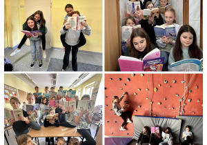 Kolaż zdjęć uczniów biorących udział w akcji czytelniczej Przerwa na czytanie".