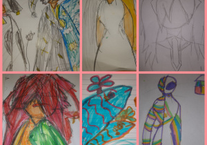 Prace własne uczniów: kolorowe rysunki postaci ludzkich wykonane mazakami. Prace wykonane w gr. I pod opieką Pani P. Filipczak.