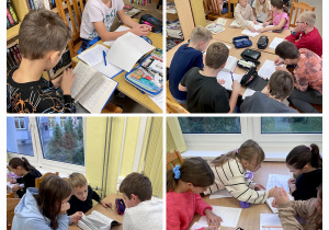 Uczniowie klasy 4 A na lekcji języka polskiego w bibliotece szkolnej.