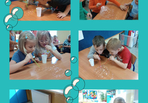 Kolaż przedstawia zdjęcia uczniów klasy I b w trakcie zabawy bańkami mydlanymi.