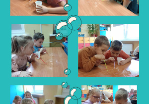 Kolaż przedstawia zdjęcia uczniów klasy I b tworzących konstrukcje z baniek mydlanych.