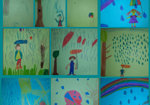 Deszczowa pogoda, Rysunki wykonane mazakami, utrzymane w kolorystyce niebieskiej. Prace wykonane w gr. I pod opieką Pani P. Filipczak.