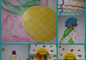 Rysunki własne uczniów przedstawiające postacie ludzkie, buźki, kolorowe fale i ananasa. Prace wykonane w gr. I pod opieką Pani P. Filipczak.