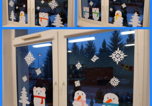 Kolaż zdjęć przedstawiający okna udekorowane zimowymi wycinankami. Bałwanki, misie polarne, śnieżynki. Dekoracja wykonana w gr. I pod opieką Pani P. Filipczak.