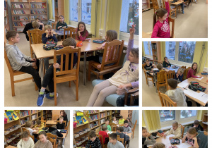 Uczniowie podczas spotkania w bibliotece szkolnej.