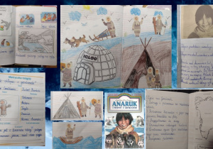 Zdjęcie przedstawia pracę uczniów wykonaną w zeszytach podczas omawiania lektury ,,Anaruk, chłopiec z Grenlandii". Uczniowie wykonywali metryczkę książki, pisali plan wydarzeń oraz opis głównego bohatera książki- Anaruka.