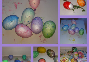 Styropianowe jajka pomalowane farbami i ozdobione kolorowymi kamyczkami. Prace wykonane w gr. 1 pod opieką Pani P. Filipczak.
