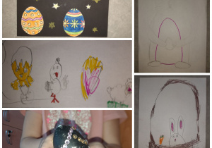 Świąteczne rysunki: koszyczek, króliczek i pisanki. Prace wykonane w gr. 1 pod opieką Pani P. Filipczak.