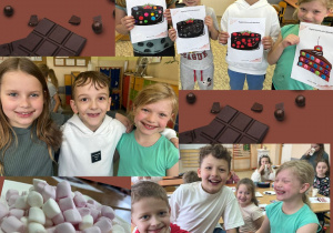 Kolaż zdjęć przedstawia śmiejących się uczniów klasy IId tuż po wypiciu gorącej czekolady oraz ich prace plastyczne wykonane z użyciem plasteliny.