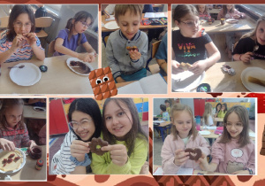 Uczniowie klasy IIIc jedzą własnoręcznie przygotowane naleśniki oraz próbują czekoladowych pierniczków.