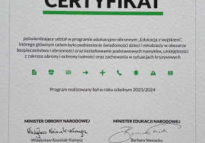 Certyfikat potwierdzający udział w programie.