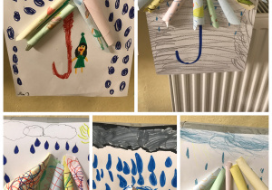 Wystawa „Parasolek” wykonanych przez dzieci przy użyciu małych karteczek biurowych, ozdobionych mazakami i kredkami, przyklejonych do kartki z namalowaną „deszczową pogodą”.