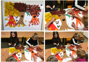 Dzieci wykonały pracę plastyczną pt. Jesienny las - praca przedstawia konary drzew wycięte z kolorowych papierów, zwierzęta namalowane farbami oraz przyklejone liście zebrane podczas spaceru.