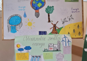 Wystawa prac uczniów o odnawialnych źródłach energii.
