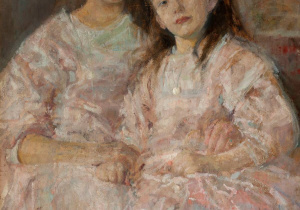Reprodukcja jednego z najbardziej znanych portretów twórczości Olgi Boznańskiej "Portret dziewczynek Heleny i Władysławy Chmielarczyk" z 1906 roku, który ukazuje subtelność i technikę malarską artystki.