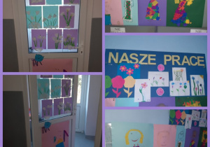 Wiosenna dekoracja na drzwiach oraz tablicy korkowej. Przebiśniegi wykonane z foremek na babeczki, kolorowe kwiatki wycięte z papieru oraz kwiaty rysowane mazakami. Wizerunek Pani Wiosny na formacie A1. Prace wykonane w gr. I pod opieką Pani P. Filipczak.