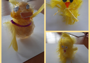 Kurczaki wykonane z żółtych piór i taśmy klejącej. Prace w formie 3D. Prace wykonane w gr. I pod opieką Pani P. Filipczak.