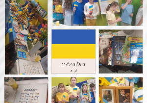 Klasa 2a przedstawiająca Ukrainę. Na zdjęciach uczniowie w tradycyjnych strojach, potrawy tradycyjne, plakaty, elementy kultury ukraińskiej.