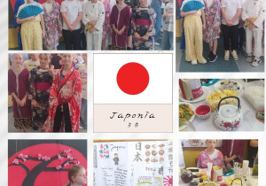 Klasa 3b przedstawiająca Japonię. Na zdjęciach uczniowie w tradycyjnych strojach, potrawy tradycyjne, plakaty, elementy kultury japońskiej.