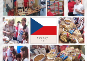 Klasa 4b przedstawiająca Czechy. Na zdjęciach uczniowie w tradycyjnych strojach, potrawy tradycyjne, plakaty, elementy kultury czeskiej.