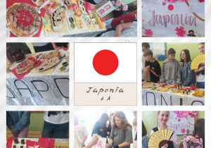 Klasa 6a przedstawiająca Japonię. Na zdjęciach uczniowie w tradycyjnych strojach, potrawy tradycyjne, plakaty, elementy kultury japońskiej.