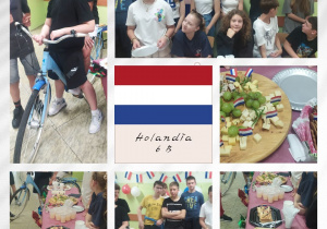 Klasa 6b przedstawiająca Holandię. Na zdjęciach uczniowie w tradycyjnych strojach, potrawy tradycyjne, plakaty, elementy kultury holenderskiej.