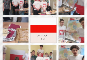 Klasa 8d przedstawiająca Polskę. Na zdjęciach uczniowie w tradycyjnych strojach, potrawy tradycyjne, plakaty, elementy kultury polskiej.