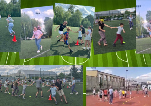 Kolaż zdjęć przedstawiający uczniów i rodziców podczas zabaw sportowych. Gra w piłkę, turniej drużyn.