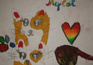 Dekoracja Sali 3A. Dwa białe kotki w złote łaty. Rysunek wykonany pastelami.
