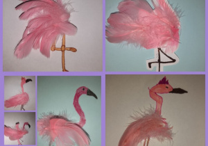 Dekoracja Sali 3A. Flamingi wykonane mazakami z wykorzystaniem różowych piór.