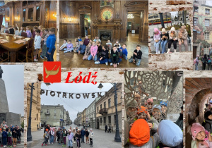 Kolaż fotografii przedstawiających uczniów klasy II b: podczas pozowania do zdjęć na schodach przy Pomniku Tadeusza Kościuszki, w sali jadalnianej przy długim, drewnianym stole w Pałacu Poznańskiego, w ceglanym kanale oraz w odbiciu luster w Pasażu Róży.