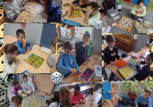 Zdjęcie przedstawia uczniów klasy 2a podczas grania w gry planszowe.