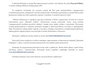 Nominacja do nagrody w Plebiscycie Edukacyjnym 2025 organizowanym przez Dziennik Łódzki dla Sylwii Bieganowskiej.