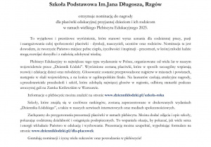 Szkoła Roku 2025 nominacja do nagrody organizowanej przez Dziennik Łódzki dla Szkoły Podstawowej im. Jana Długosza w Rzgowie.